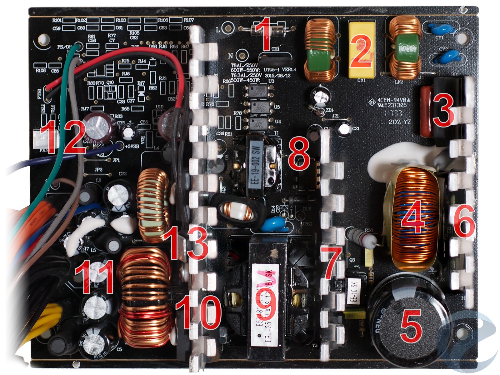 Запобіжник і NTC-термистор;   Вхідний EMI-фільтр;   випрямляч;   Дросель коректора потужності;   Високовольтний конденсатор CapXon серії HP;   Радіатор і компоненти активного коректора потужності (APFC);   Радіатор з MOSFET транзисторами;   Трансформатор джерела чергового живлення і EM8564A;   Силовий трансформатор;   радіатор перетворювача   Фільтруючі конденсатори вихідних ліній живлення;   Роз'єм підключення вентилятора;   Термістор системи управління швидкістю обертання вентилятора